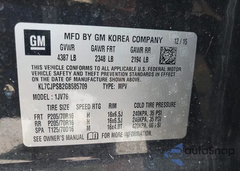 2016 Chevrolet Trax Lt from USA, damaged, VIN KL7CJPSB2GB585709